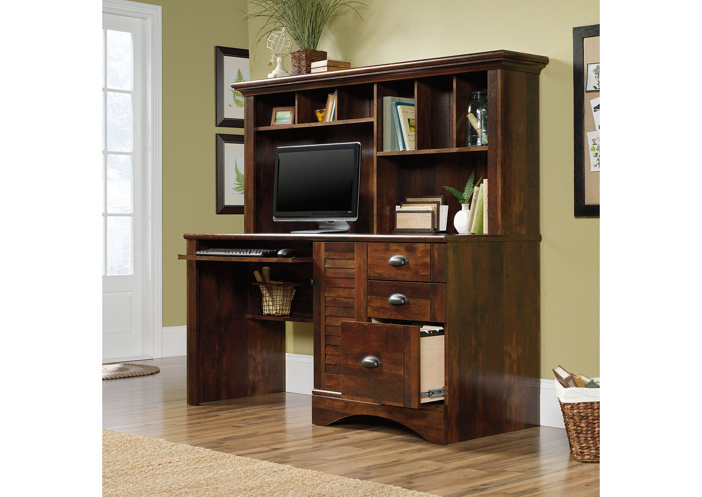 Harbor View Curado Cherry Computer Desk w/Hutch,Sauder